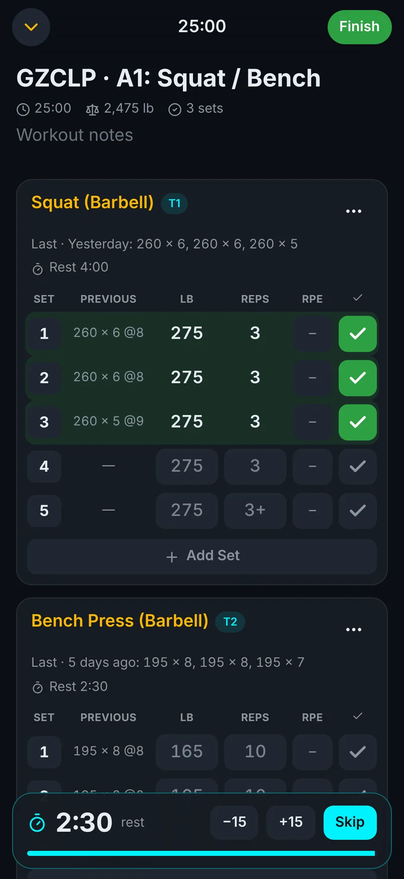 Aether workout logger showing last session’s sets and today’s targets, with the rest timer running