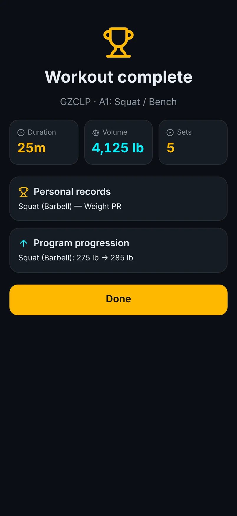 Aether’s workout summary with a new personal record and next session’s weight going up