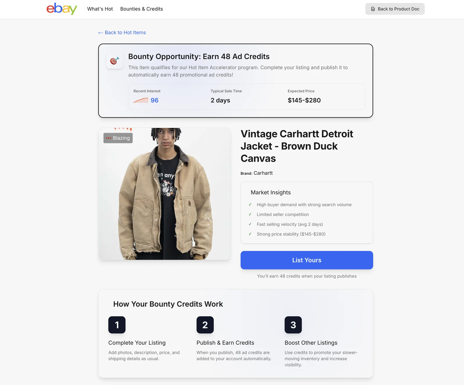 Item detail with demand signal and listing credit