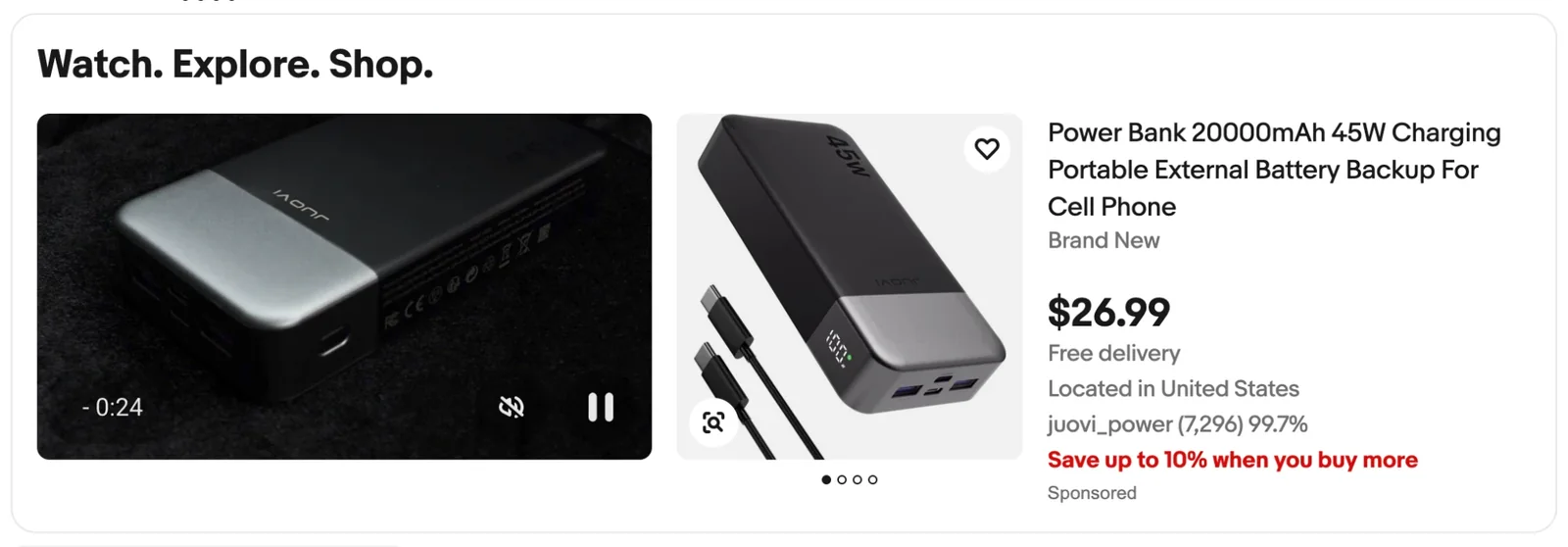 Featured Item Card with an autoplaying product video on eBay search, desktop